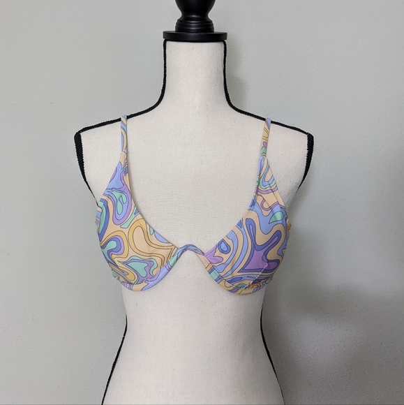 Abstract pattern purple green and yellow push up bikini top size L - Picture 7 of 10